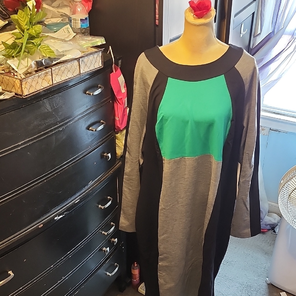 Ashro Green and Gray Long Sleeve Sheath Dress Colorblock Y2k Chic Retro NWT